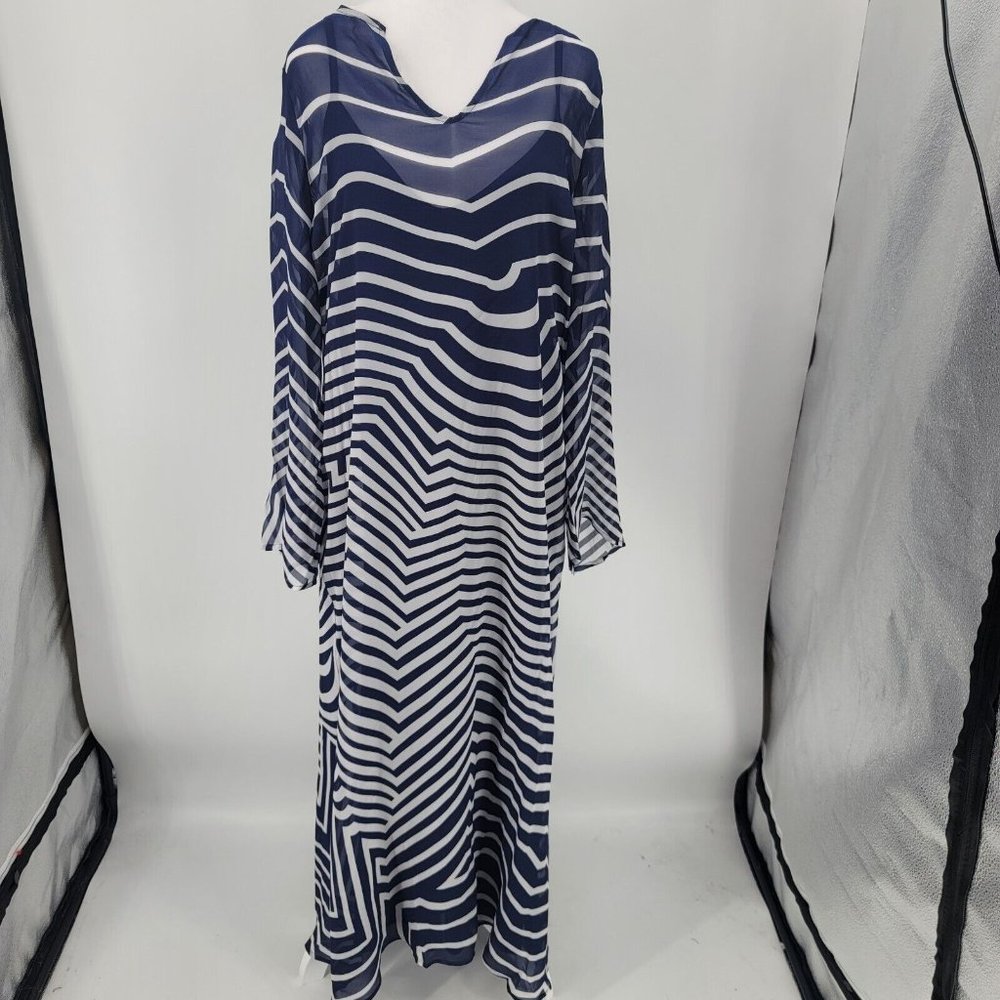 Soft Surroundings Deco Nautical Maxi Dress Blue White Stripe Size Medium NEW
